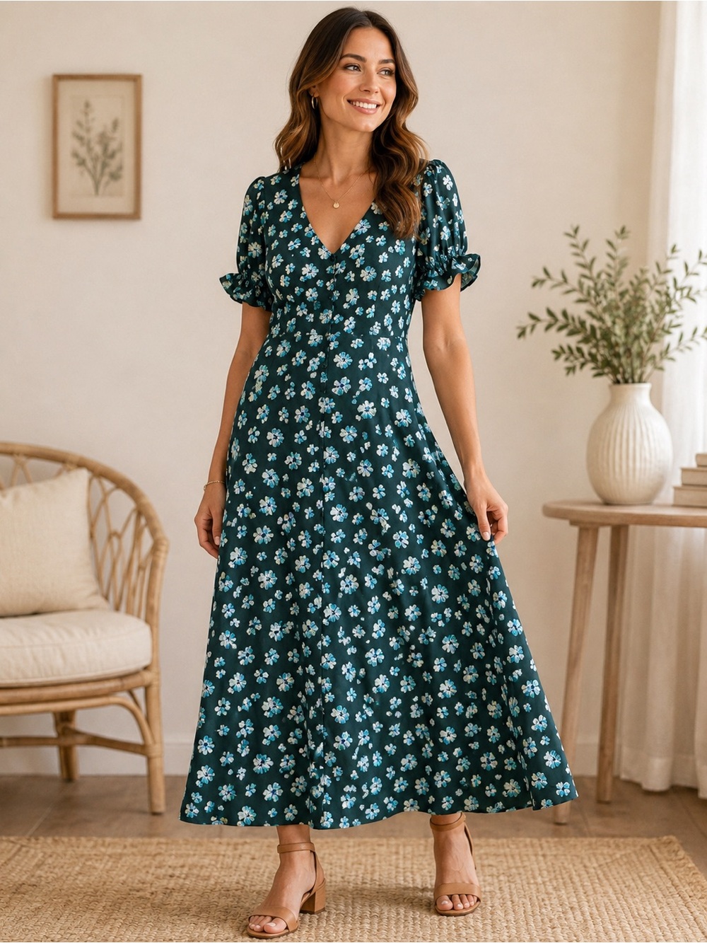 Outerknown Dark Teal Floral V-Neck Midi Dress Small NWOT
